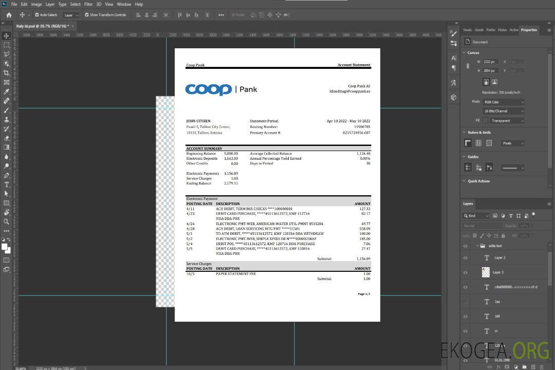 Relevé bancaire Estonie Coop Pank template